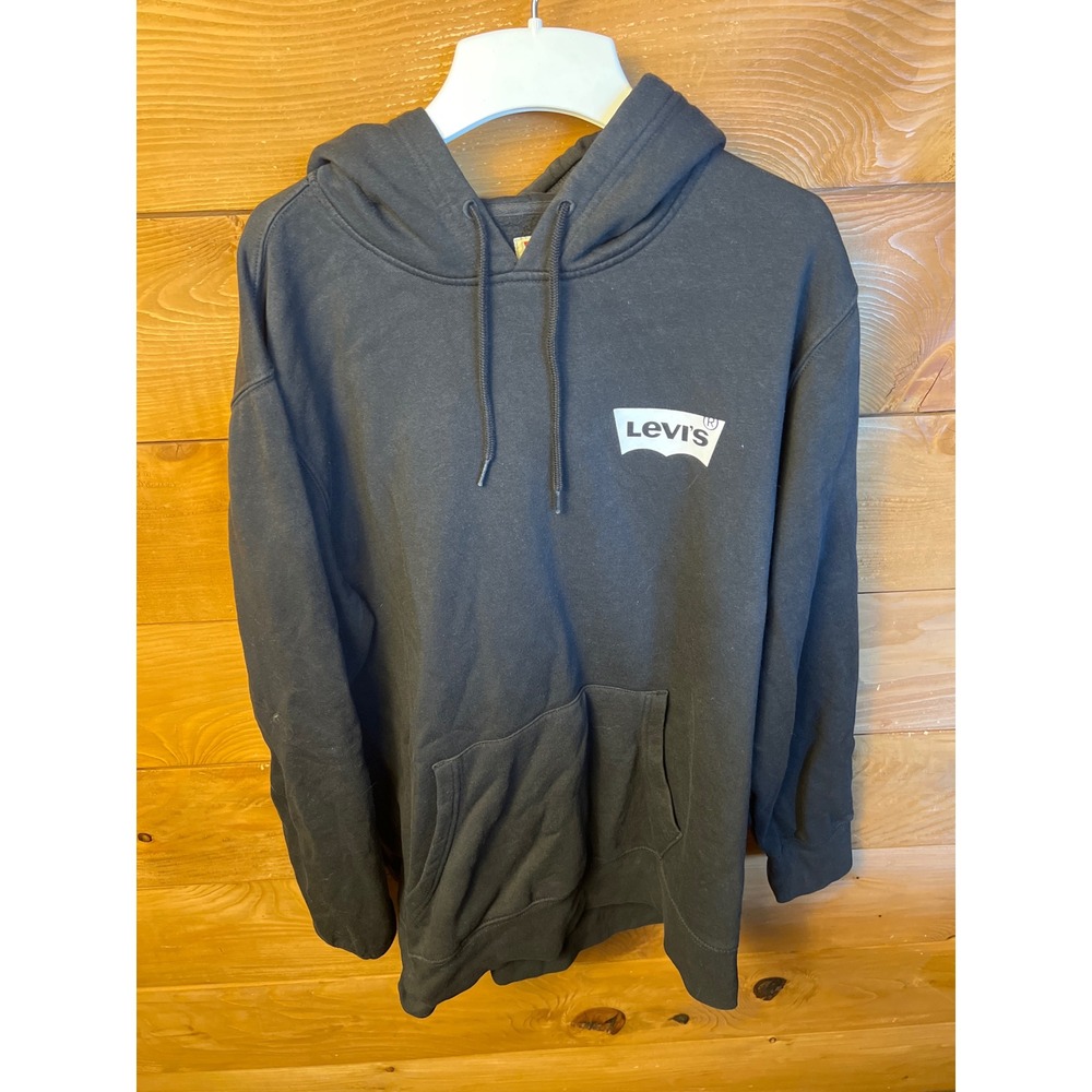 Levi's XL Black Hoodie Sweatshirt Pullover Logo Mountain‎ Graphic Mens pocket